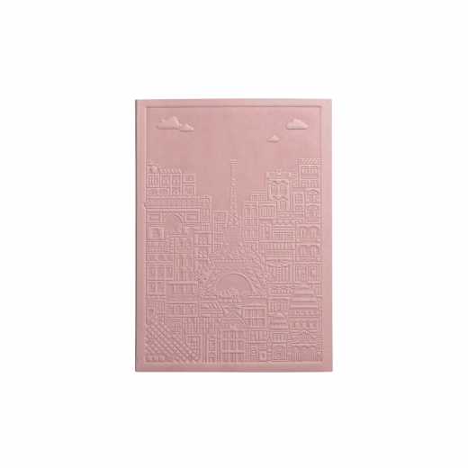 różowy notes z tłoczeniem na okładce paryż